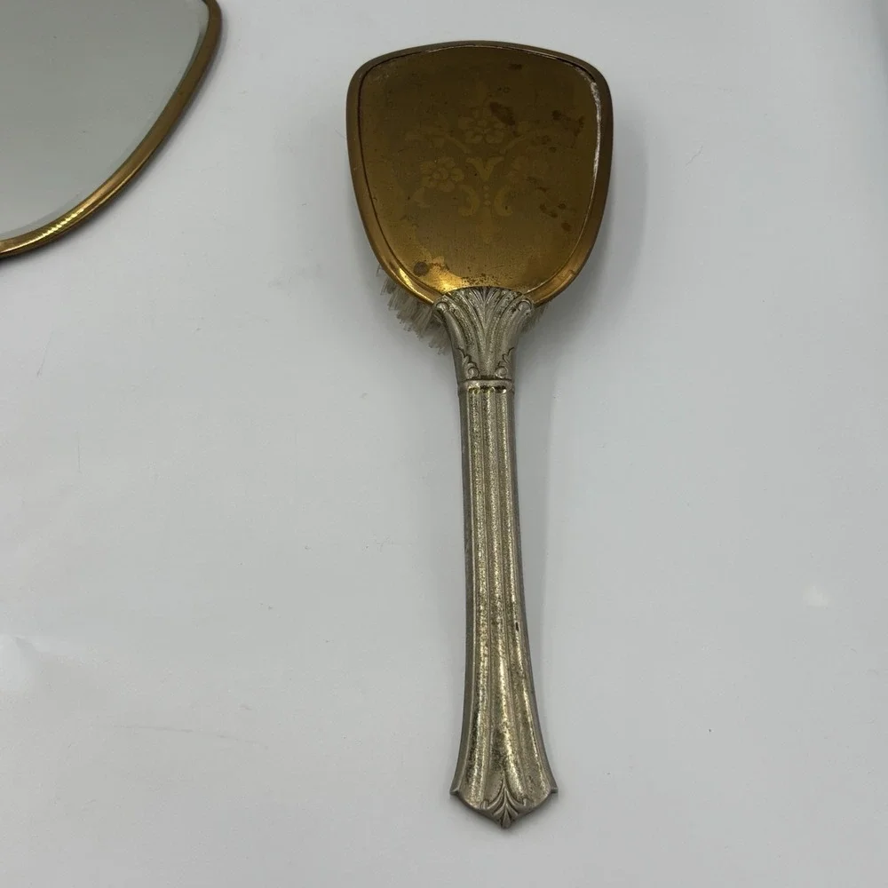 Vintage Victorian Style‎ Vanity Hand Mirror And Brush Set Silver and Gold Tone